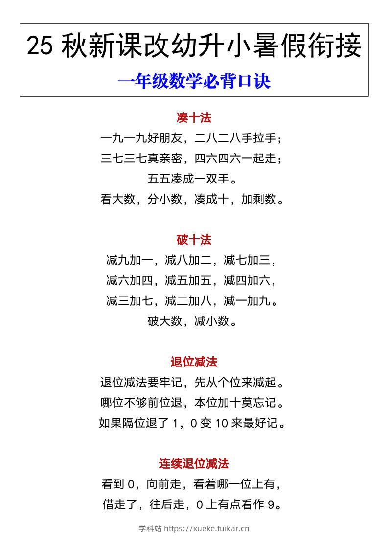【2025秋新版】幼升小暑假衔接一年级数学必背口诀-一上数学-学科站