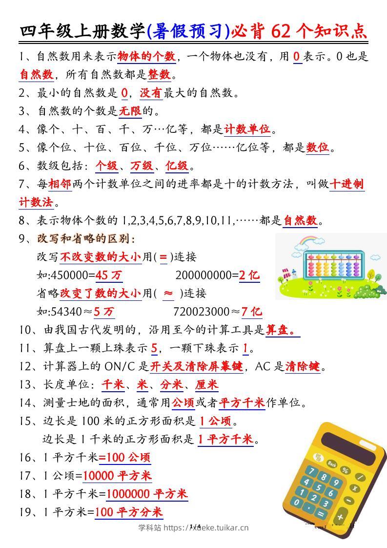 四上数学暑假预习必背62个知识点归纳（4页）-学科站
