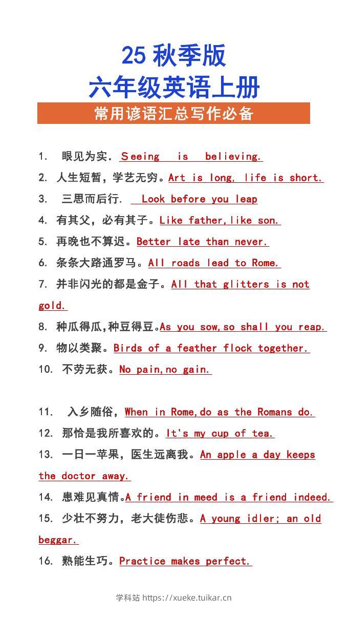 【2025秋新版】六年级上册英语常用谚语汇总写作必备-学科站