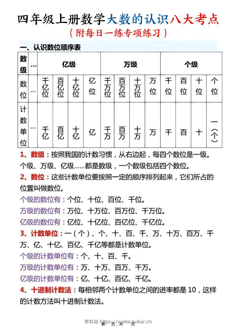 四上数学大数的认识八大考点（附每日一练专项练习）含答案14页-学科站