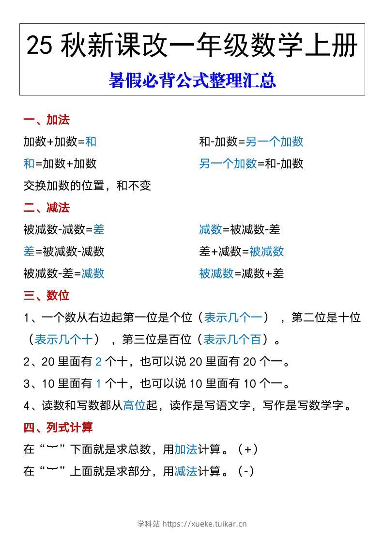 【2025秋新版】一年级数学上册暑假必背公式整理汇总-学科站