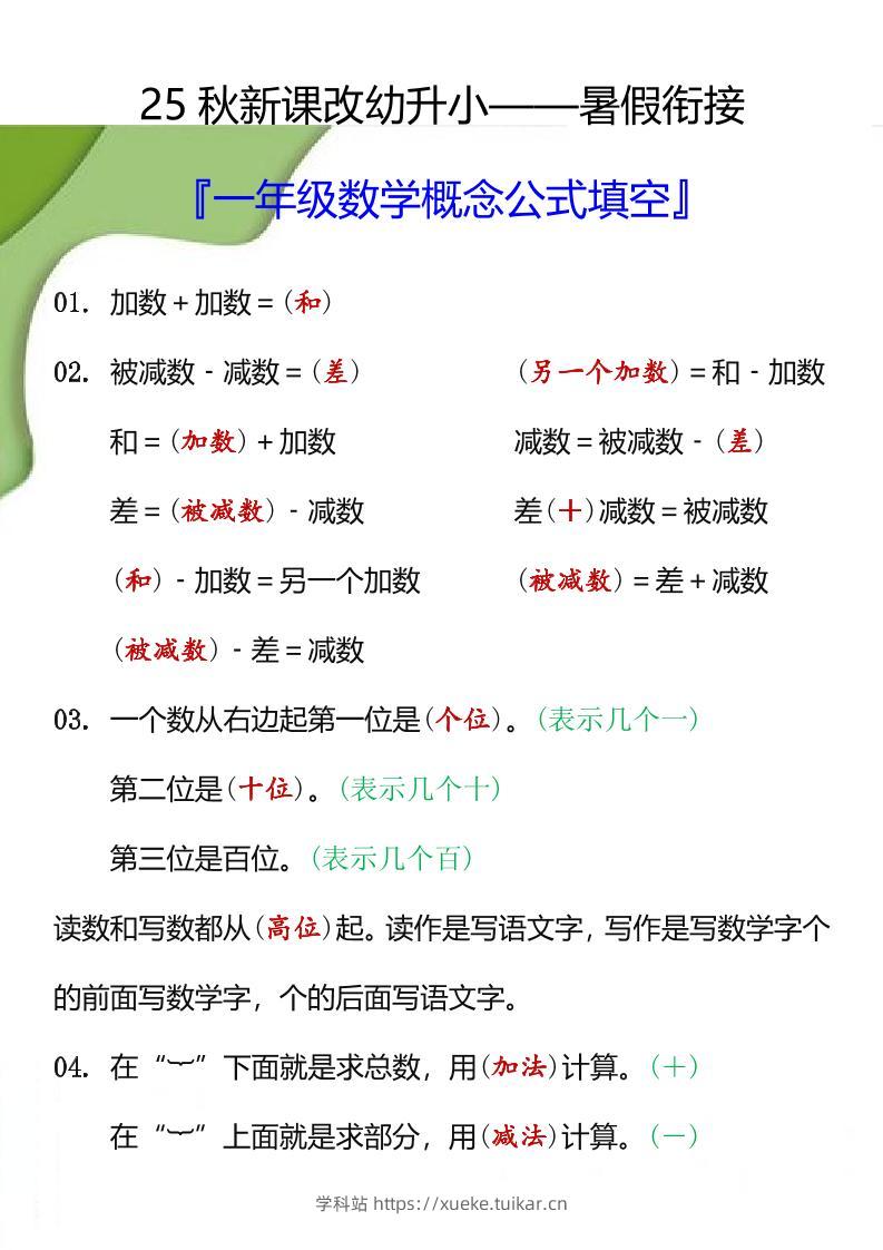 【2025秋新版】一年级数学概念公式填空-一上数学-学科站