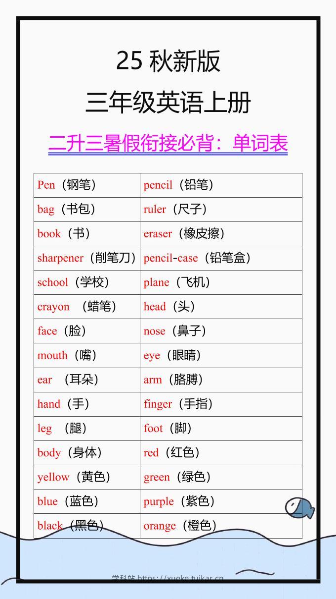 【2025秋新版】三年级英语上册单词表-学科站