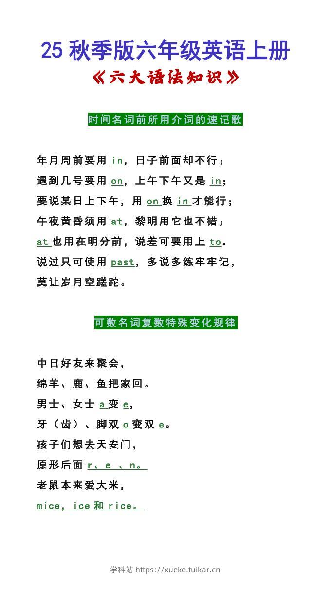 【2025秋新版】六年级英语上册《六大语法知识》-学科站