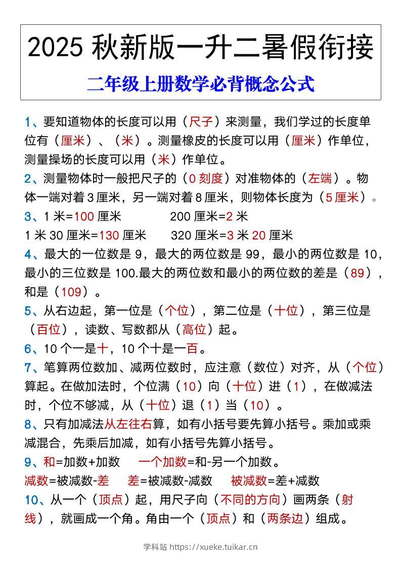 【2025秋新版】二年级上册数学必背概念公式-学科站