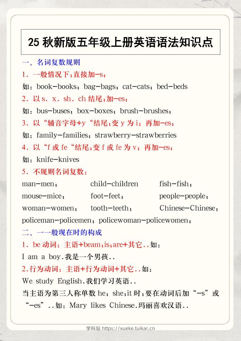 【2025秋新版】五年级上册英语语法知识点-学科站