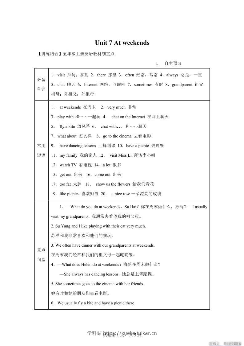 【单元热点难点】译林版(三起)英语五年级上册Unit7Atweekends教材划重点-学科站