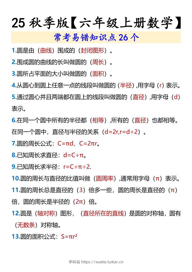 【2025秋新版】【六年级上册数学】常考易错知识点26个-学科站