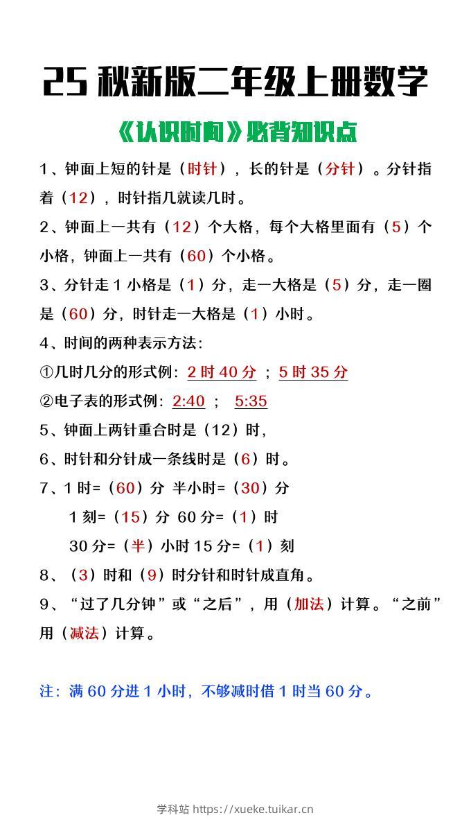 【2025秋新版】二年级上册数学认识时间必背知识点整理-学科站