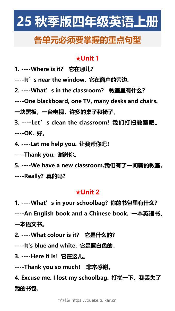 【2025秋新版】四年级英语上册各单元必须要掌握的重点句型-学科站