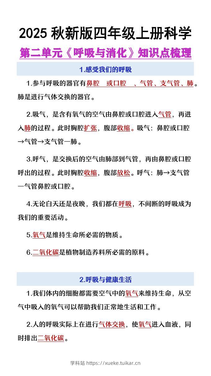 【2025秋新版】四年级上册语文第2单元《呼吸与消化》知识点梳理-学科站