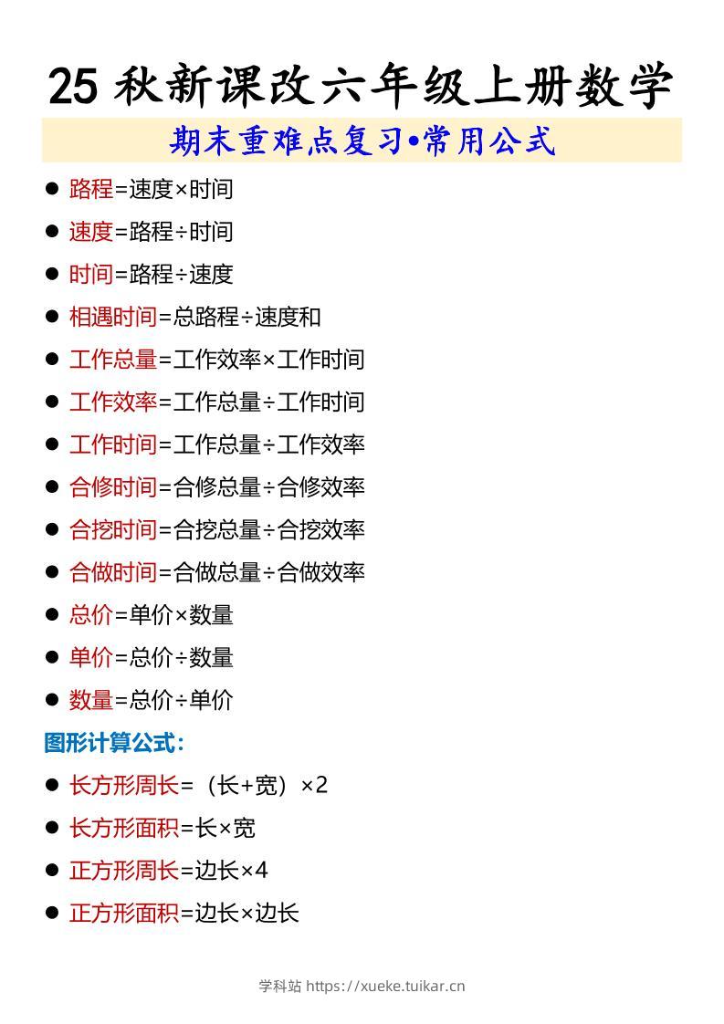 【2025秋新版】六年级上册数学期末重难点复习•常用公式-学科站