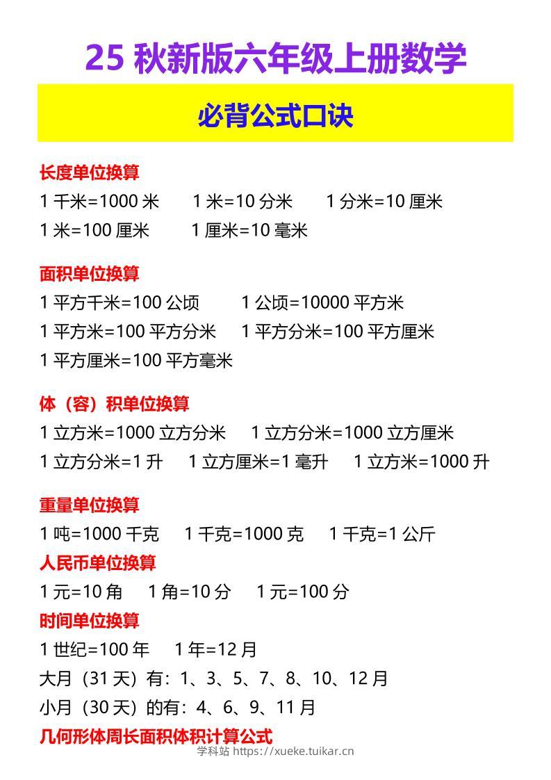 【2025秋新版】六年级上册数学必背公式口诀-学科站
