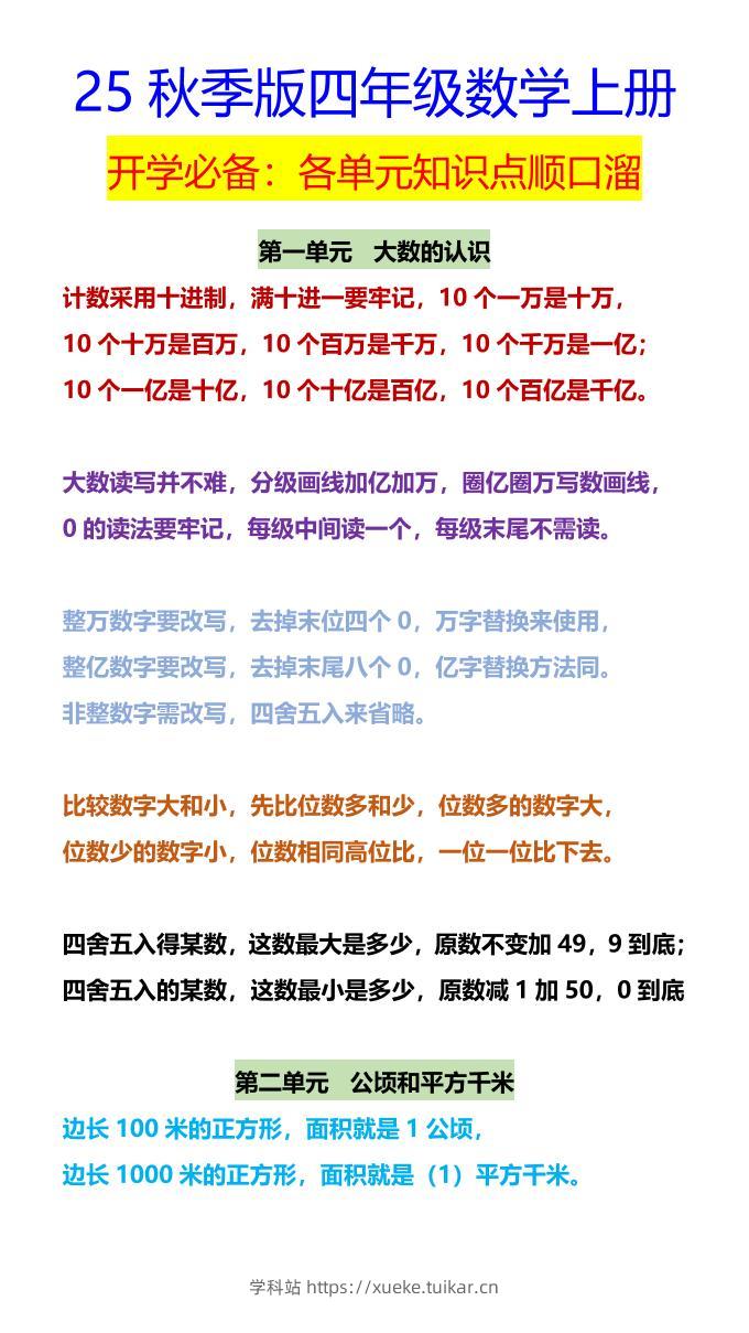 【2025秋新版】四年级数学上册开学必备：各单元知识点顺口溜-学科站