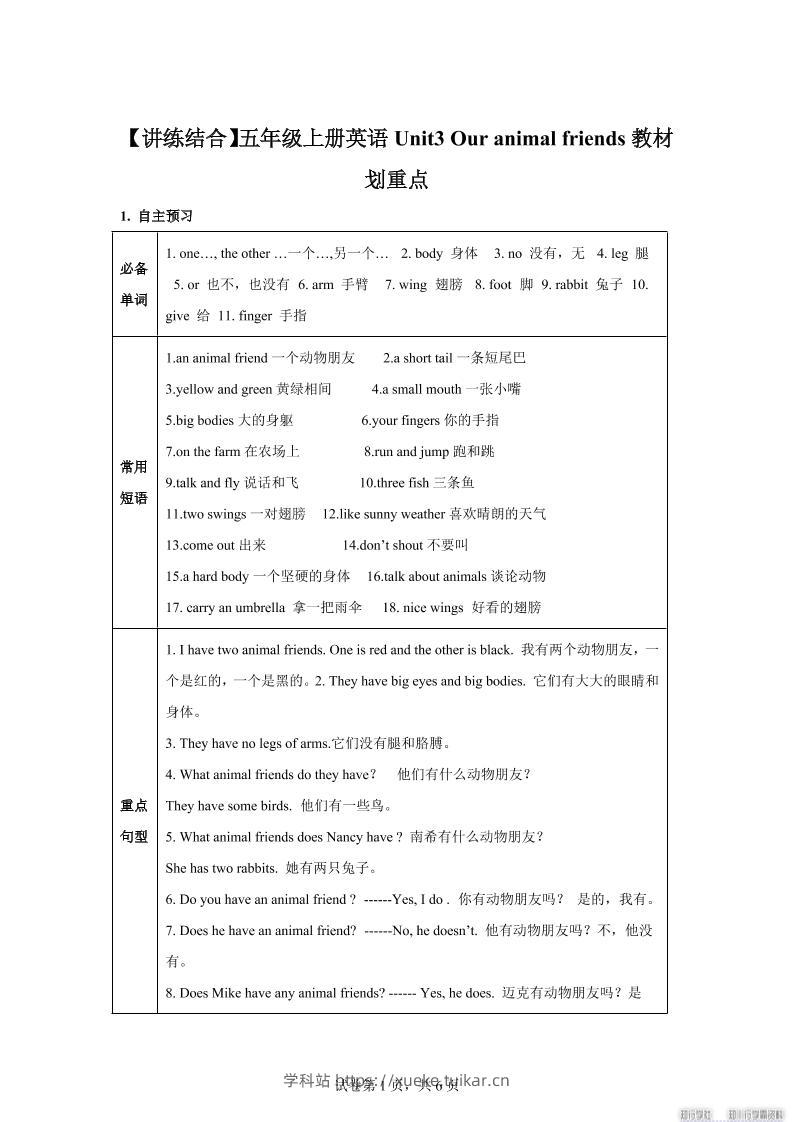 【单元热点难点】译林版(三起)英语五年级上册Unit3Ouranimalfriends教材划重点-学科站