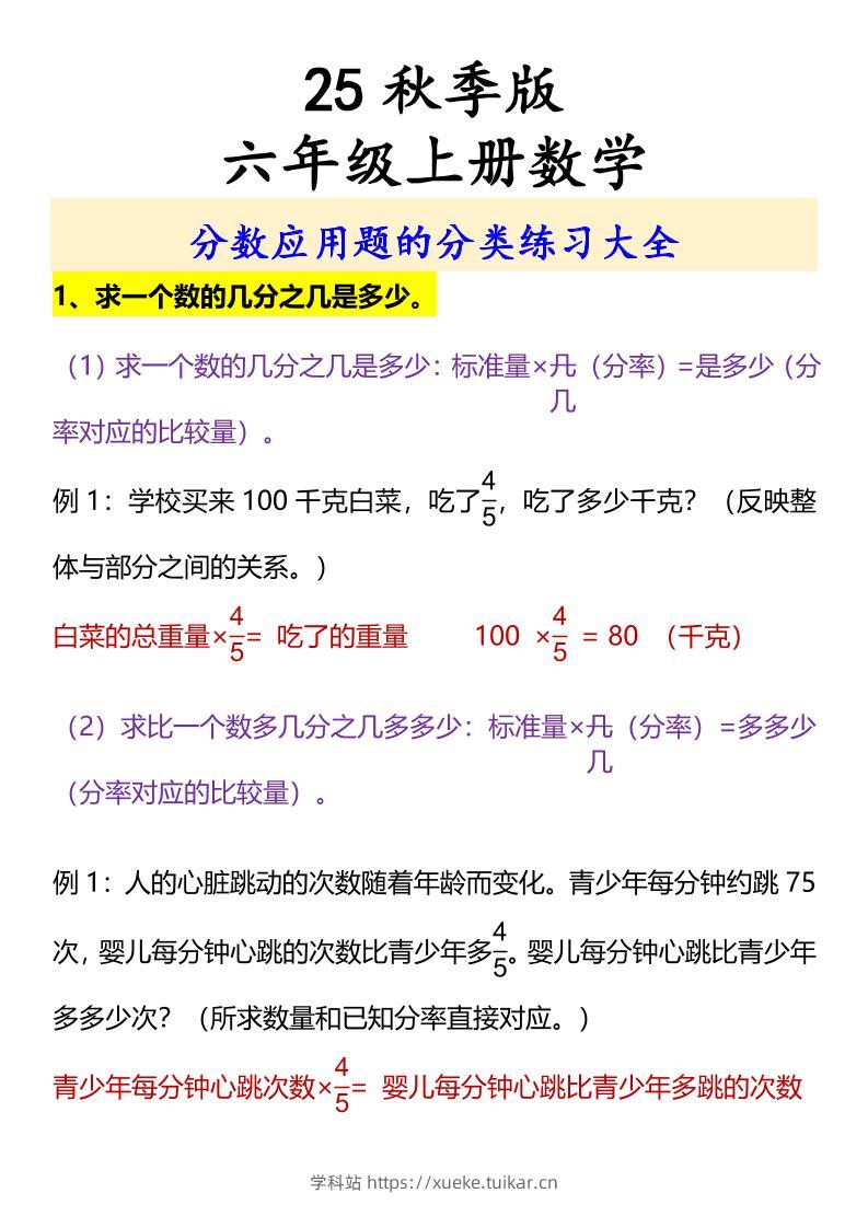 【2025秋新版】六年级上册数学分数应用题的分类练习大全-学科站