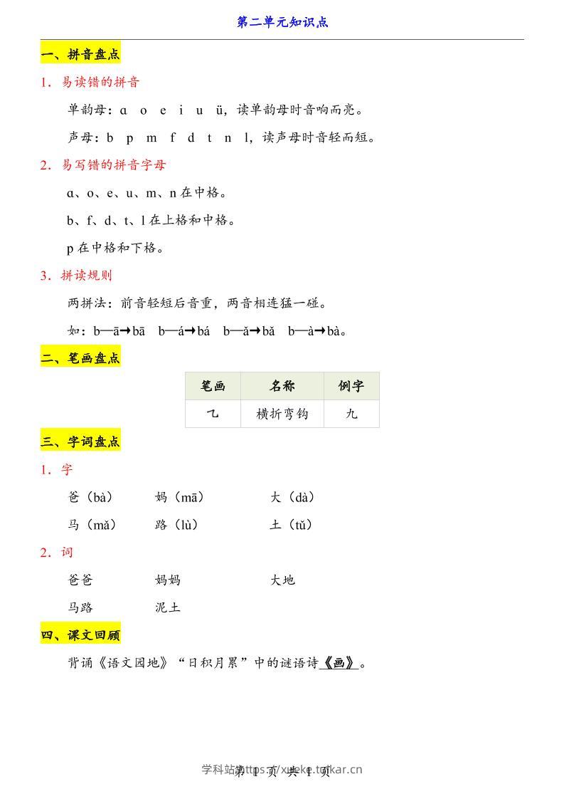 第2单元(知识点)一上语文-学科站