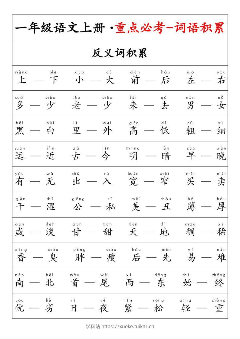 一年级语文上册·重点必考-词语积累-学科站