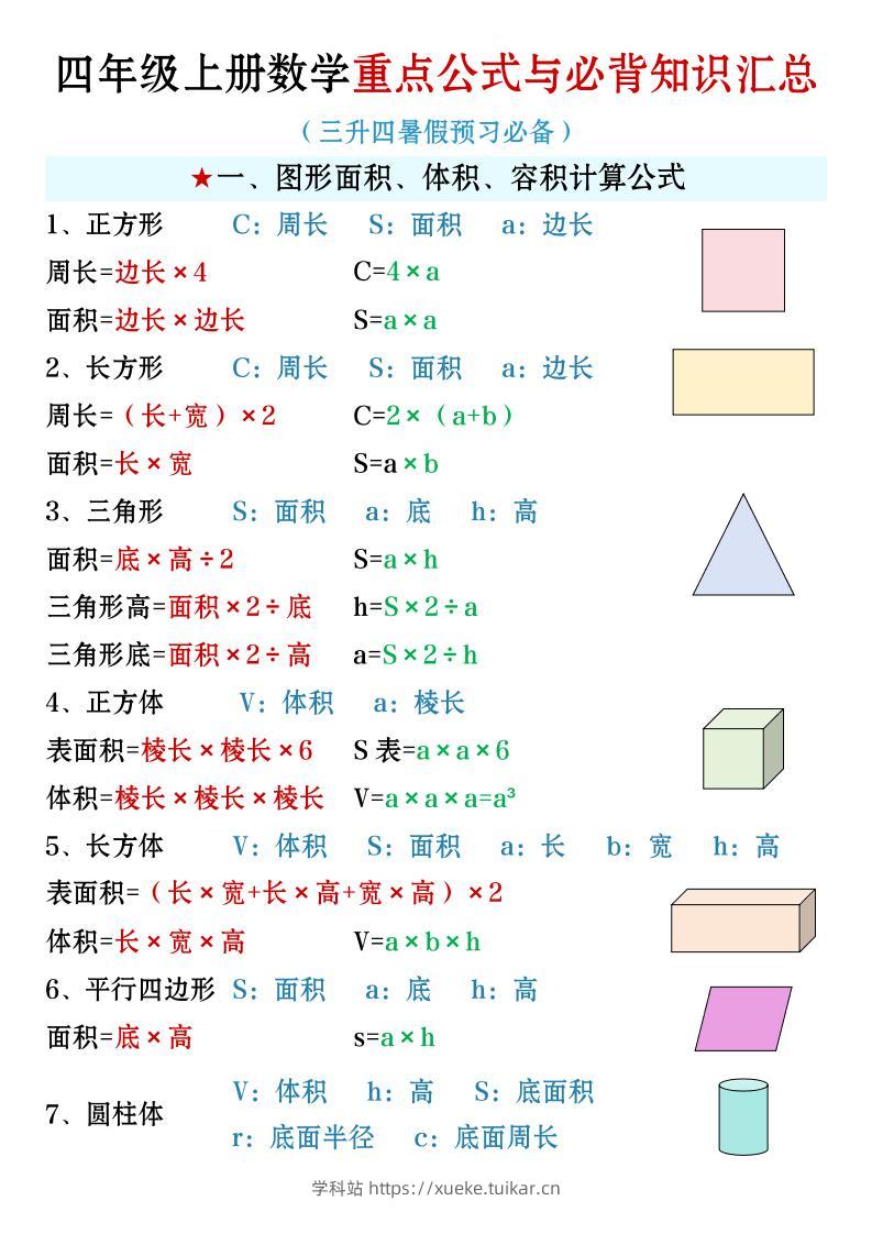 四年级上册数学必背知识汇总-学科站