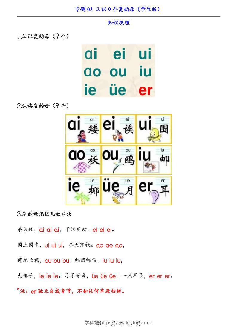 一上语文-专题03认识9个复韵母（知识+训练）-学科站