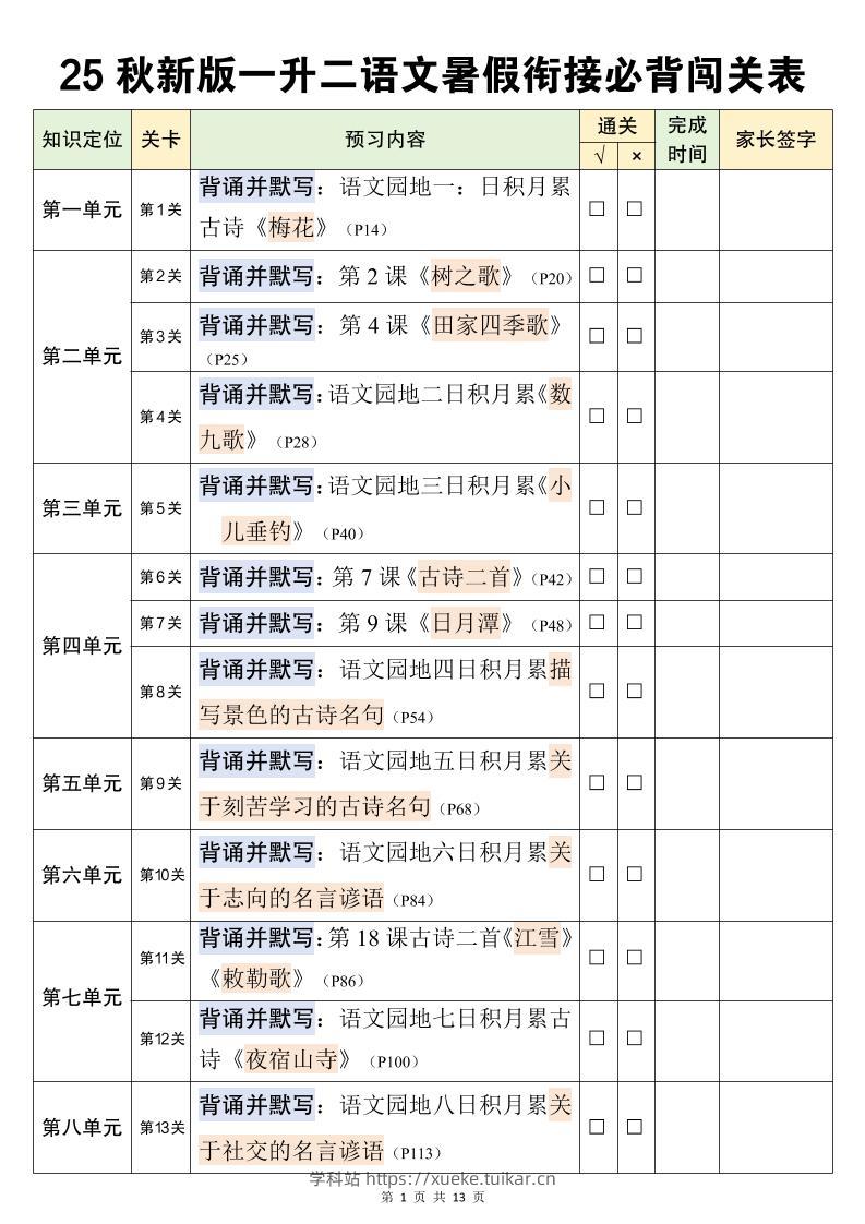 二上语文暑假衔接必背闯关表-学科站
