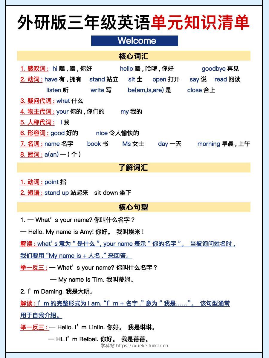 外研三上英语知识清单全-学科站