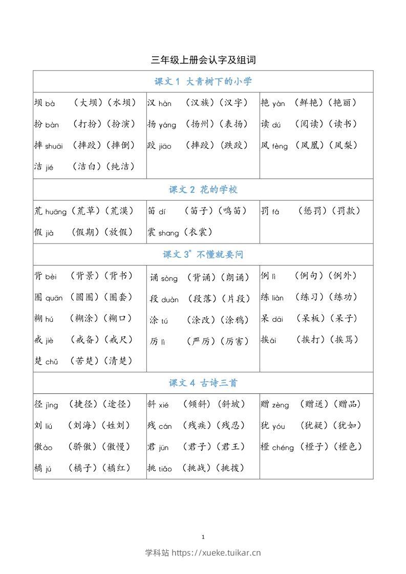 三上语文-识字表注音组词-学科站