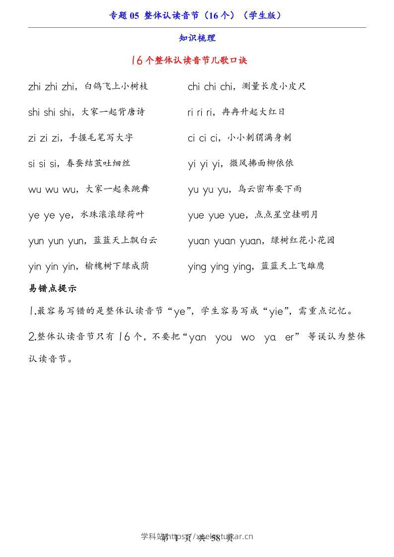 一上语文-专题05整体认读音节（16个）（知识+训练）-学科站