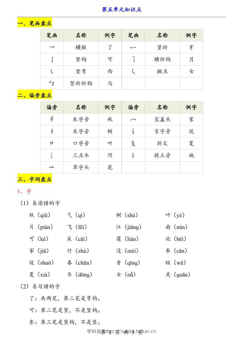 第5单元(知识点)一上语文-学科站