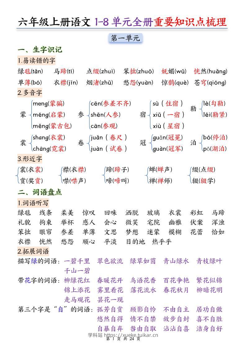 25秋六上语文1-8单元全册重要知识点梳理24页-学科站