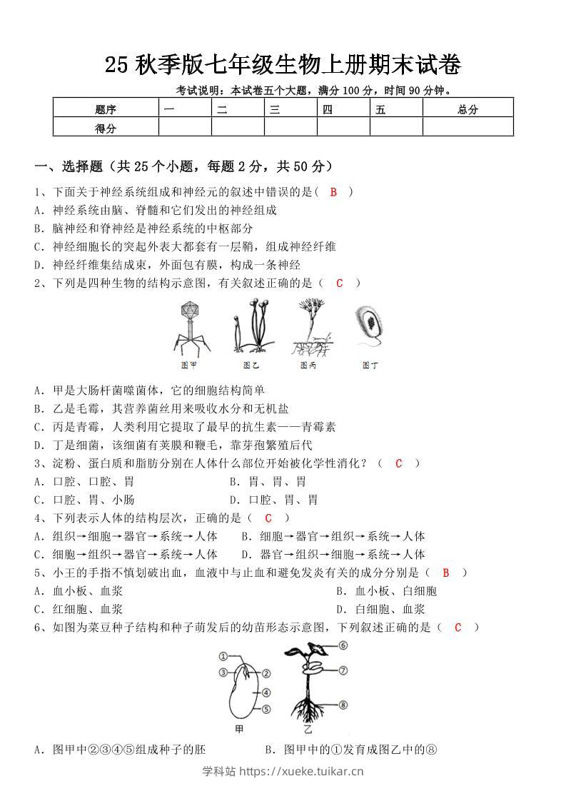 【2025秋新版】七年级生物上册期末试卷-学科站