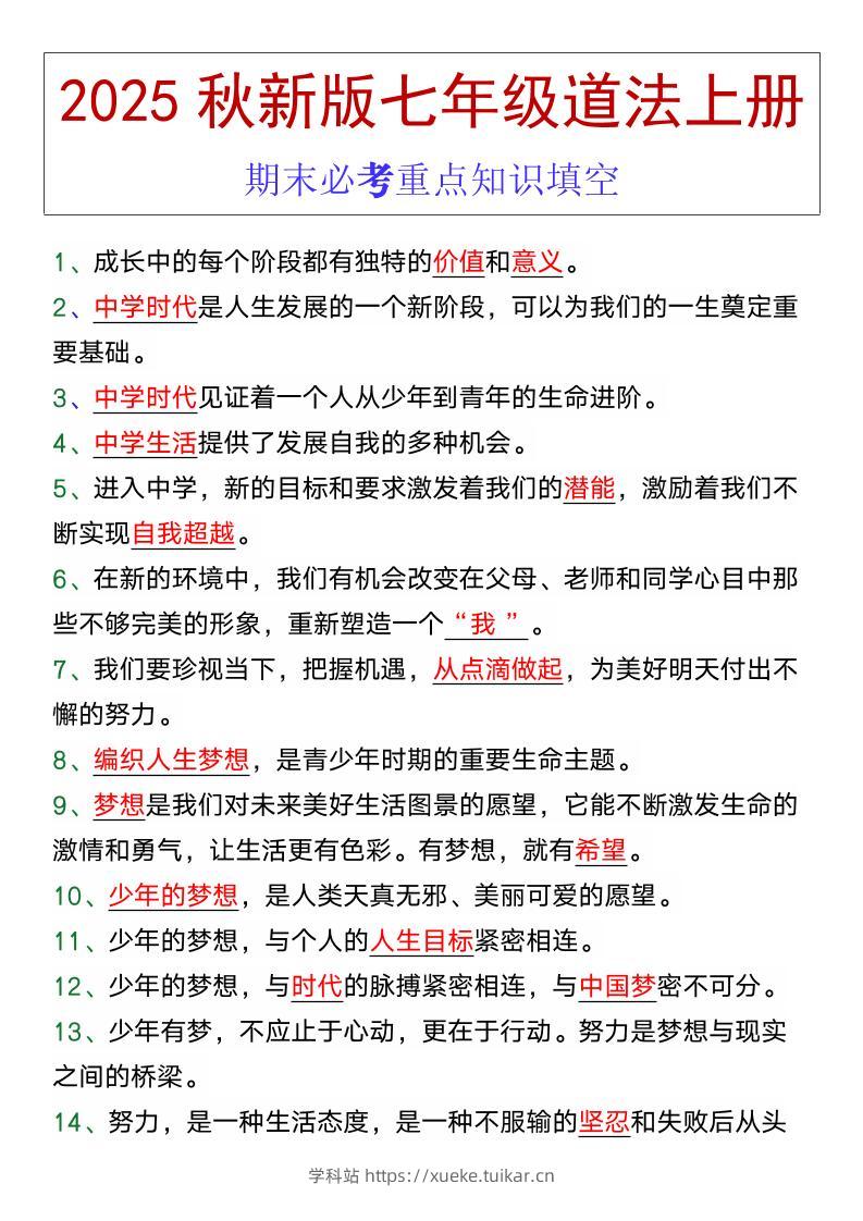 七年级道法上册期末必考重点知识填空-学科站