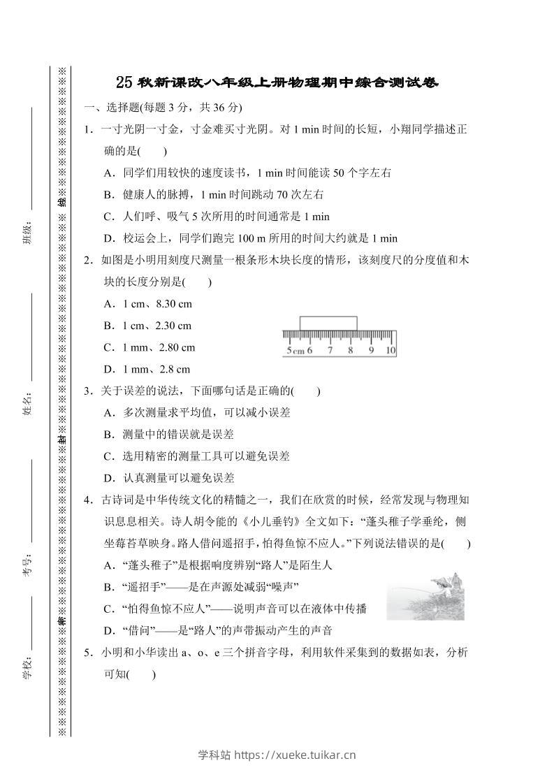 【2025秋新版】八年级上册物理期中综合测试卷-学科站