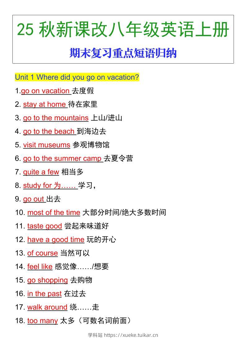 【2025秋新版】八年级英语上册期末复习重点短语归纳-学科站