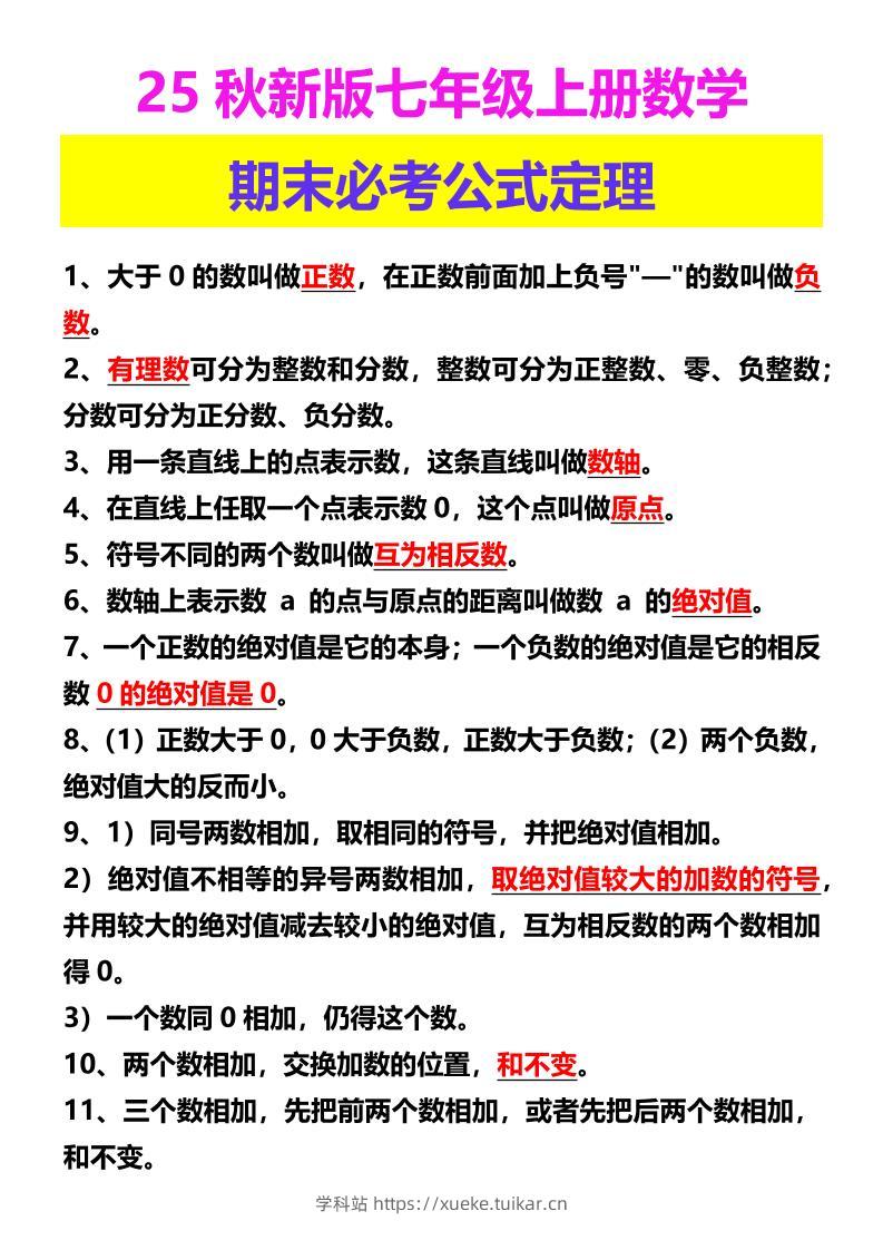 【2025秋新版】七年级上册数学期末必考公式定理-学科站
