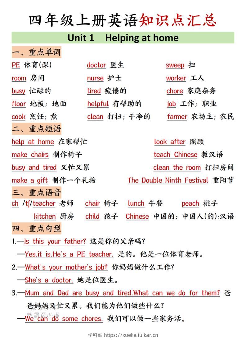 四年级上人教PEP版英语知识点汇总-学科站